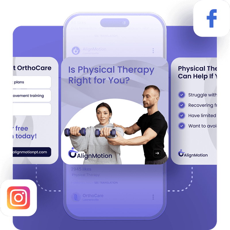 Example Instagram and Facebook posts from a physical therapy clinic promoting patient education and engagement