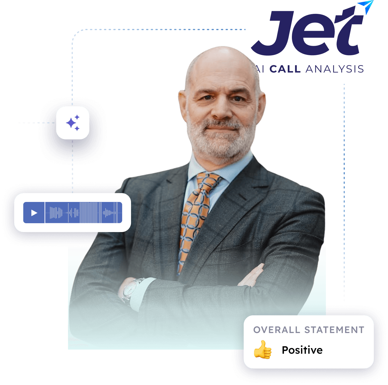 Jerry Durham standing in front of Jet AI Call Analysis branding with call transcription and positive sentiment overlay