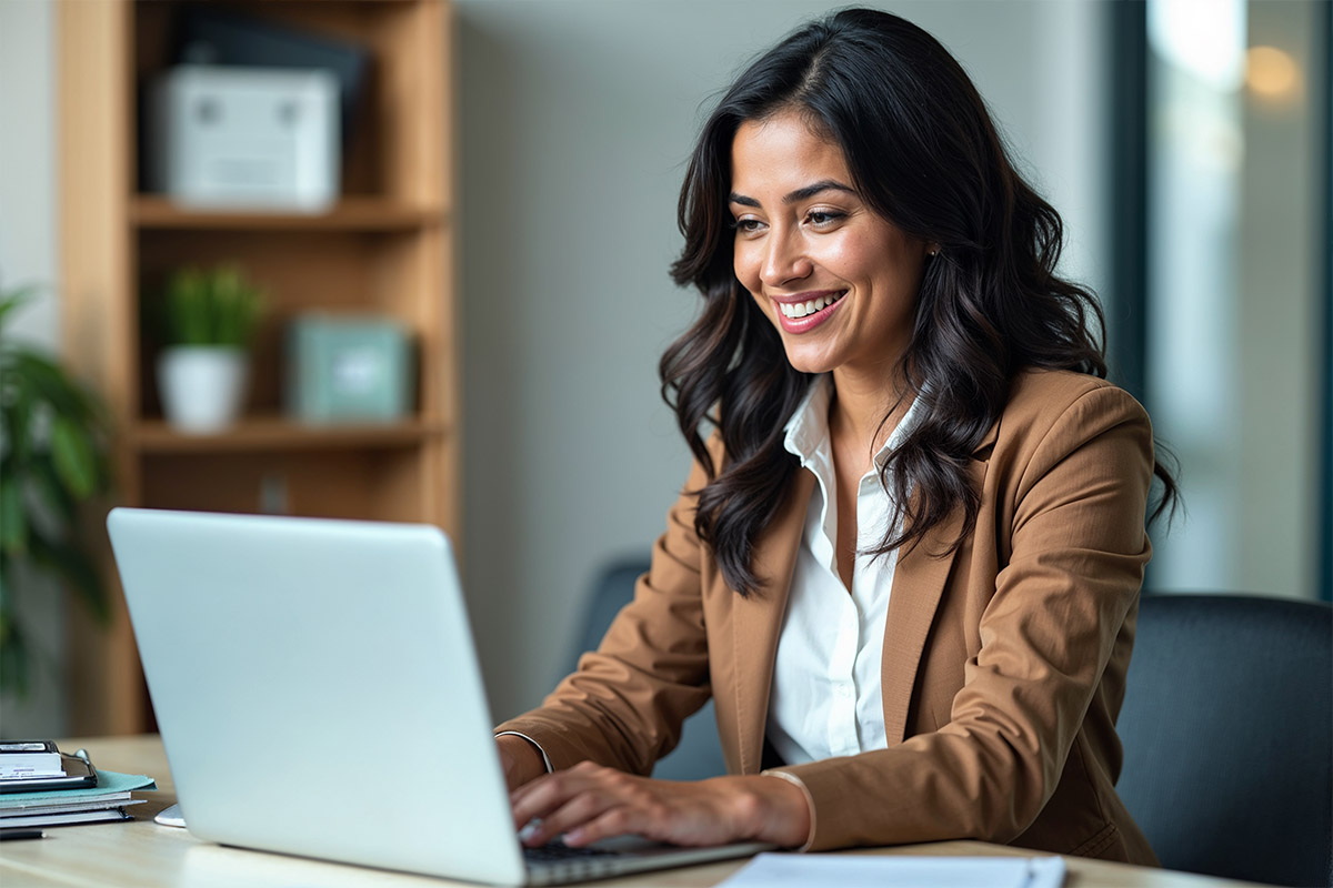 Smiling professional woman in a brown blazer working on a laptop in a modern office setting.