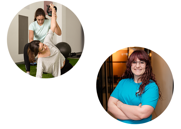 OrthopedicMarketing.net team member Kari smiling confidently alongside a physical therapist assisting a patient with rehabilitation.