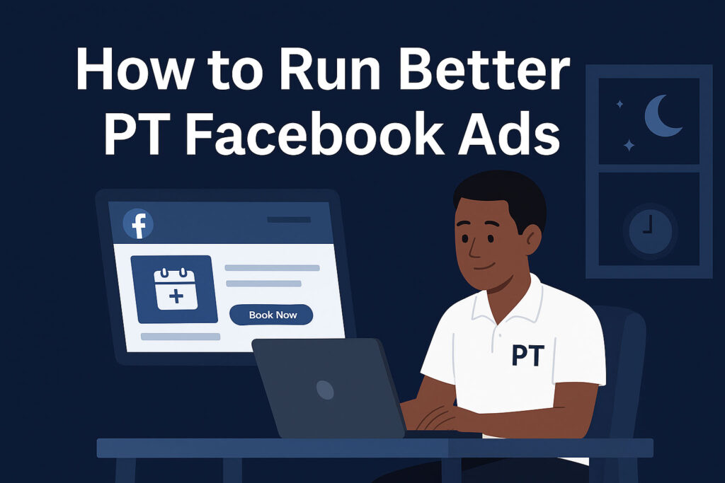 Physical therapist at a desk running a Facebook ad campaign late at night on a laptop