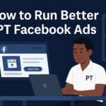 Physical therapist at a desk running a Facebook ad campaign late at night on a laptop
