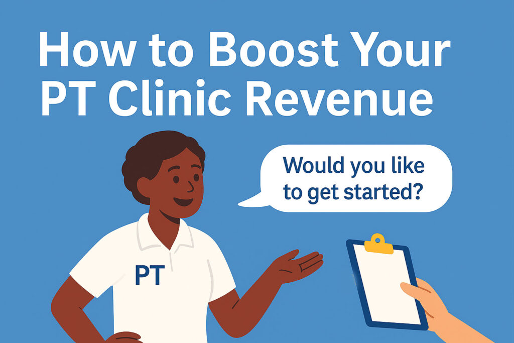 Smiling physical therapist in a PT polo shirt asking a patient if they would like to get started, with a clipboard in view