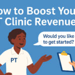 Smiling physical therapist in a PT polo shirt asking a patient if they would like to get started, with a clipboard in view