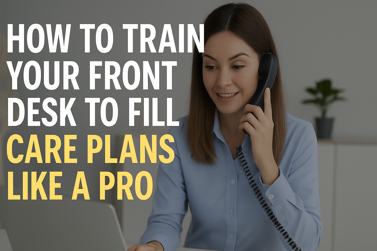 Front desk receptionist booking physical therapy care plans on phone and laptop