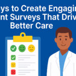 Cartoon doctor in white coat next to colorful patient survey clipboard with emoji ratings
