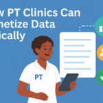 Physical therapist in a PT polo holding a tablet, surrounded by data icons representing charts, people, and check marks