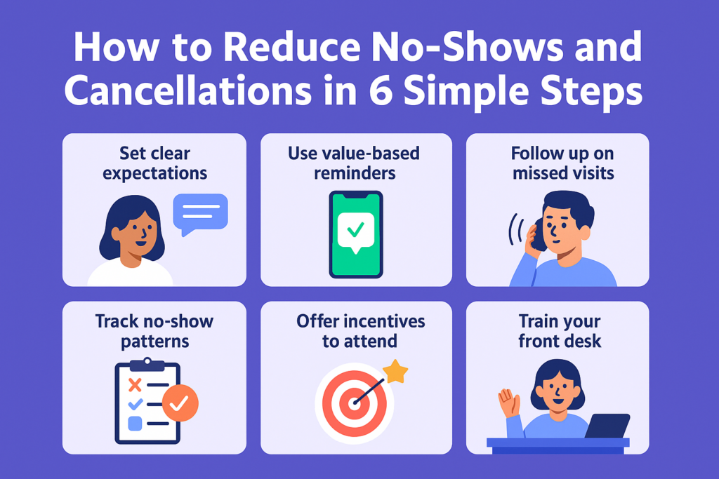 Illustrated graphic showing 6 steps to reduce no-shows in physical therapy clinics