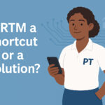 Physical therapist in a white polo shirt holding a smartphone next to the text “Is RTM a Shortcut or a Solution?”