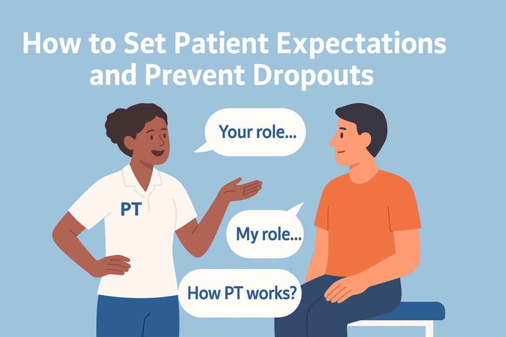 Illustration of physical therapist setting expectations with a new patient