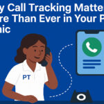 Physical therapist in a PT polo shirt using a landline while a mobile phone screen displays a call icon